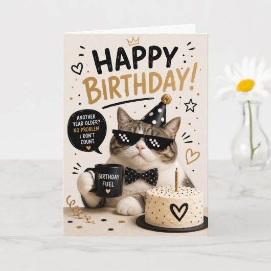 誰でも使えるかわいい猫の誕生日カード カード (小さな植物)