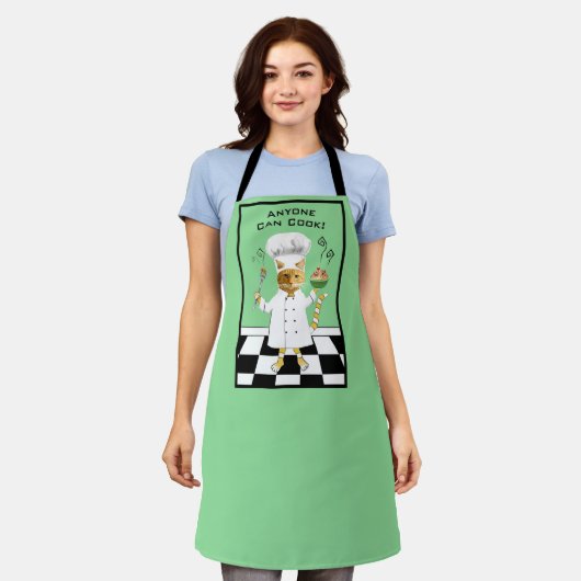 誰でも調理師!グリーン子猫エプロン（大） エプロン (着用した状態)