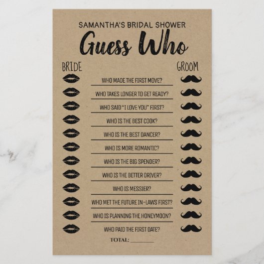 誰のブライダルシャワー素朴ゲームカード チラシ (正面)