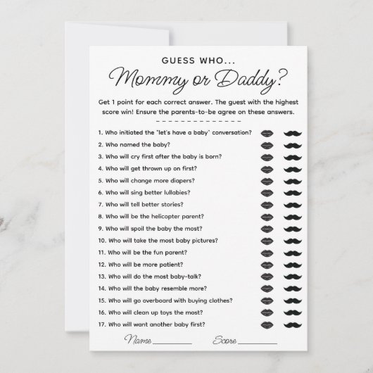 誰のママかパパが赤ちゃんシャワーのゲームを推測 招待状 (正面)