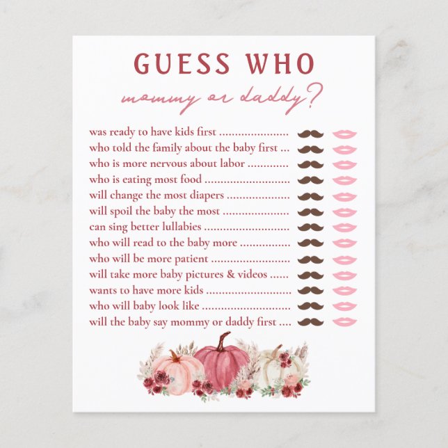 誰のママまたはパパかぼちゃの赤ちゃんシャワーゲームを推測 (正面)