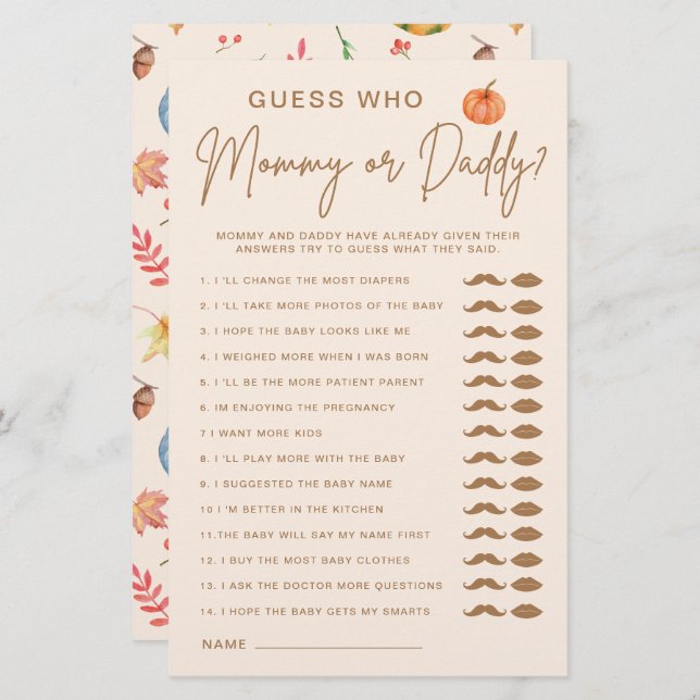 誰のママまたはパパかぼちゃの赤ちゃんシャワーゲームを推測 (正面/裏面)