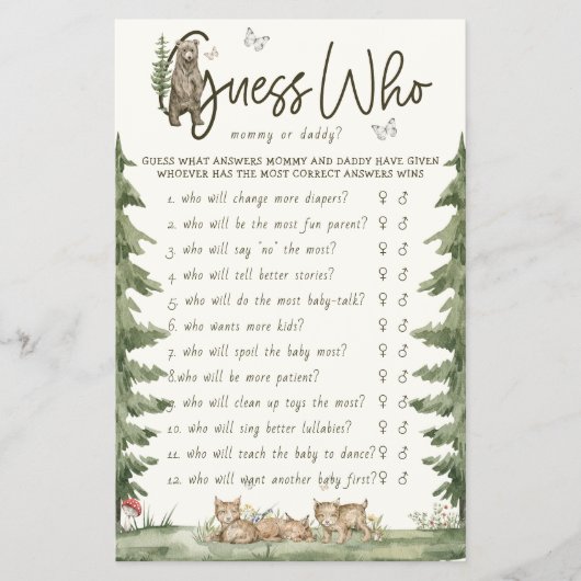 誰のママまたはパパのウッドランドゲームの赤ちゃんシャワーを推測 チラシ (正面)