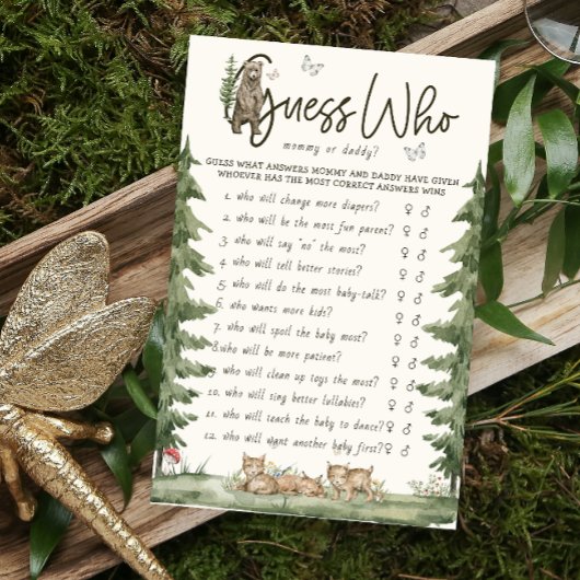 誰のママまたはパパのウッドランドゲームの赤ちゃんシャワーを推測 チラシ