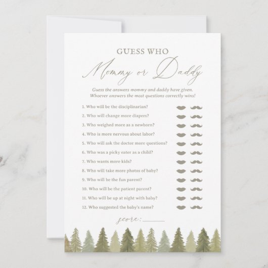 誰のママまたはパパのウッドランド赤ちゃんシャワーゲームを推測 招待状 (正面)