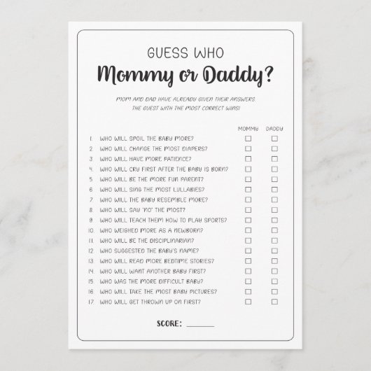 誰のママまたはパパのゲーム赤ちゃんシャワーのゲームを推測 アドバイスカード (正面)