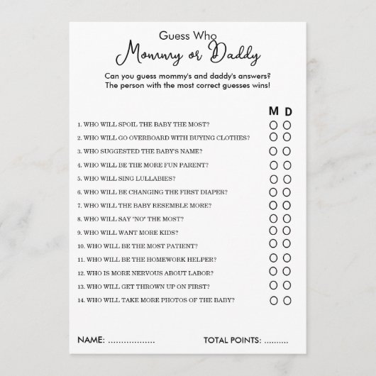 誰のママまたはパパのゲーム赤ちゃんシャワーカードを推測 アドバイスカード (正面)