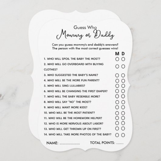 誰のママまたはパパのゲーム赤ちゃんシャワーカードを推測 招待状 (正面/裏面)