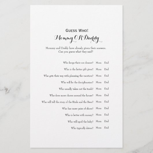 誰のママまたはパパの赤ちゃんシャワーゲームを推測 チラシ (正面)