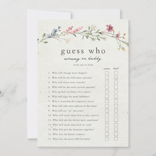 誰のママまたはパパの赤ちゃんシャワーゲームを推測 招待状 (正面)