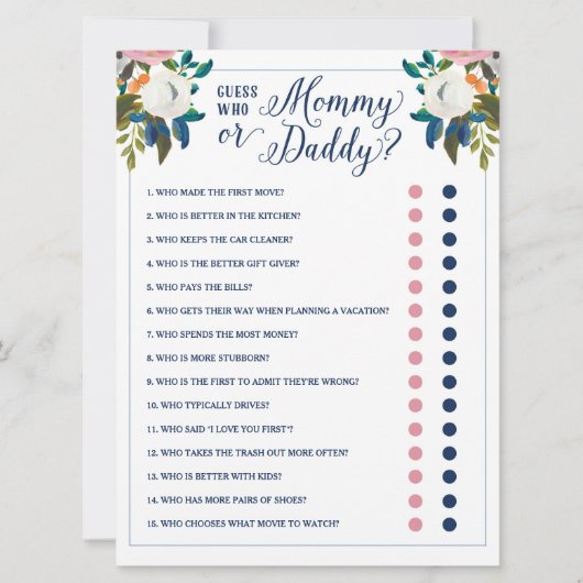 誰のママまたはパパの赤ちゃんシャワーゲームを推測 招待状 (正面)