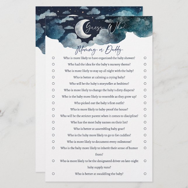 誰のママまたはパパの赤ちゃんシャワーゲームカードを推測 (正面/裏面)