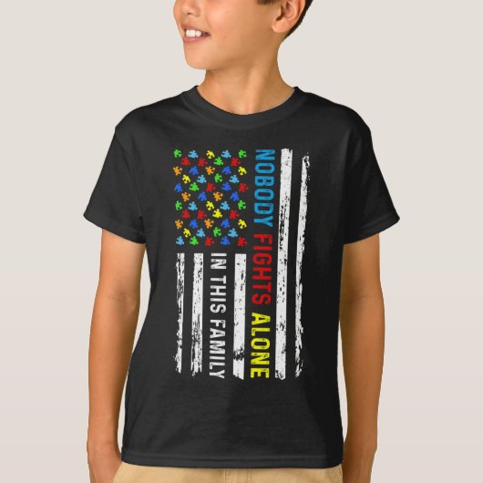 誰も一人で戦わないアメリカ国旗パズル自閉症Awa Tシャツ (正面)