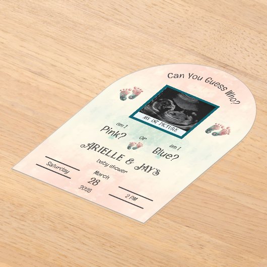 「誰を推測」が超音波ベビーシャワーを明らかにする アクリル招待状 (レイダウン)