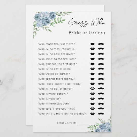 誰を推測 – 花嫁または花婿 – ブライダルシャワーゲーム (正面/裏面)