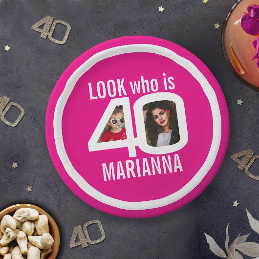 誰40歳の誕生日を見る2写真白ピンクパーティー ペーパープレート