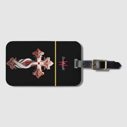 調和のとれたブレンドクロスと赤と白デザイン ラゲッジタグ (正面横)