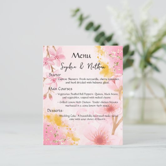 調和のエレガンス:ピンクと金ゴールド結婚のメニュー (スタンド正面)