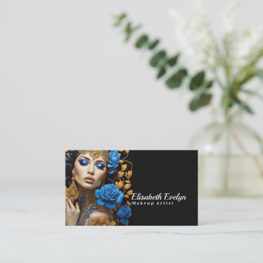 調和の青と金ゴールドの花模様が素敵な女性に 名刺 (スタンド正面)