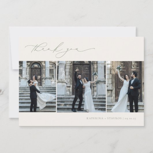 調和セージ緑ミニマリスト3写真結婚s サンキューカード (正面)