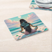 調和瞑想オンビーチ スクエアペーパーコースター (アングル)