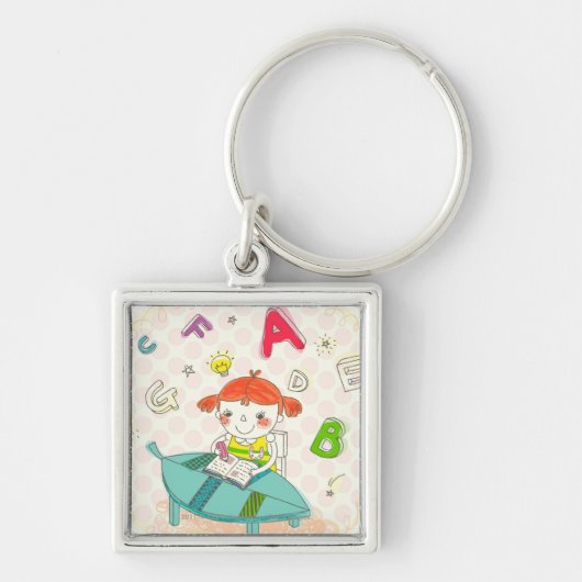 調査する椅子に坐っている女の子 キーホルダー (正面)