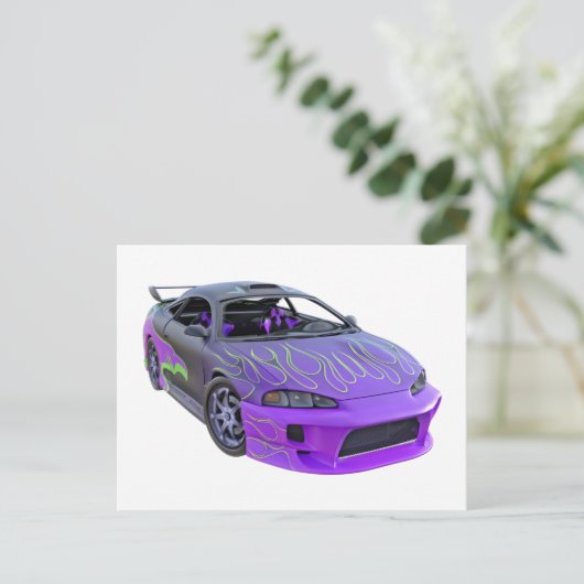 調素晴らし色済みの紫色のレーシングカー ポストカード (スタンド正面)