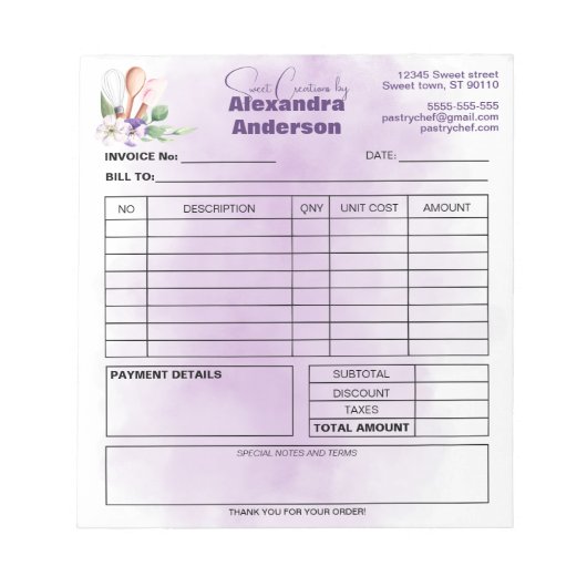 請求書ペストリーシェフパープルフローラ水色 ノートパッド (正面)