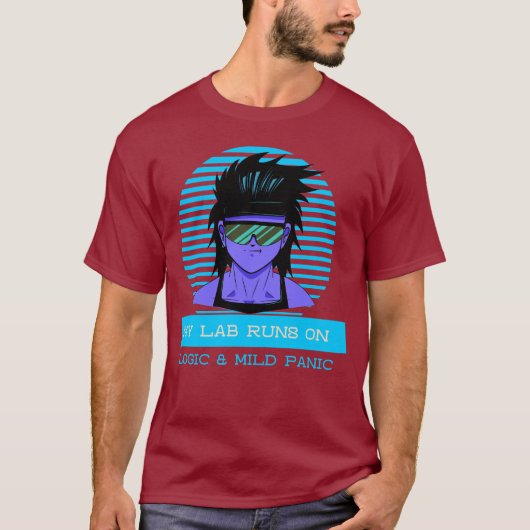 論理と軽度のパニックで動く私のラボ 理系の先生 Tシャツ (正面)