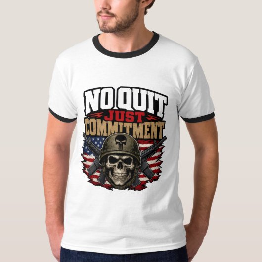 諦めない強い意志 軍事ドクロ Tシャツ (正面)