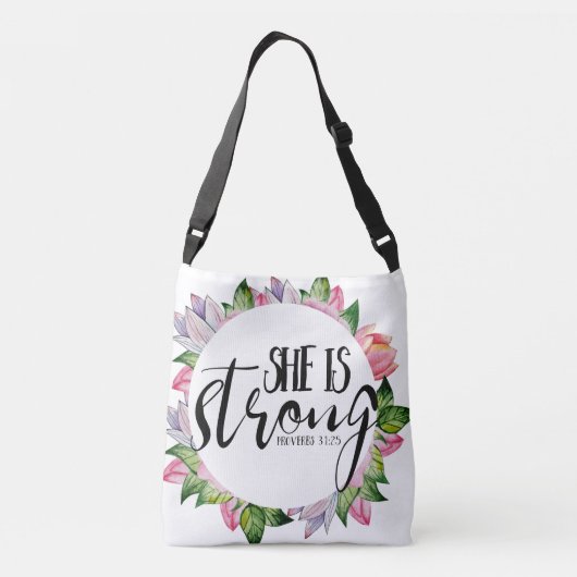 諺の31:25彼女は強い水彩画の花柄です クロスボディバッグ (裏面)