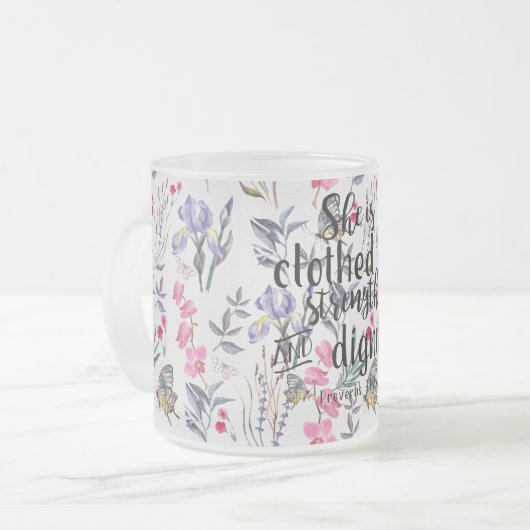 諺の31:25彼女は強さで着ます フロストグラスマグカップ (正面左)