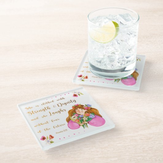 諺31:25彼女は強い服を着ている ガラスコースター (アングル)