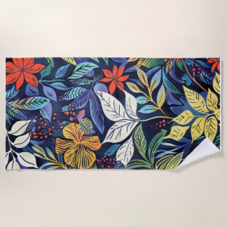 謎のフローラユニークー：ダークブルーアートのパターンP ビーチタオル