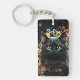 謎の威厳のある黒猫グリッター名 キーホルダー