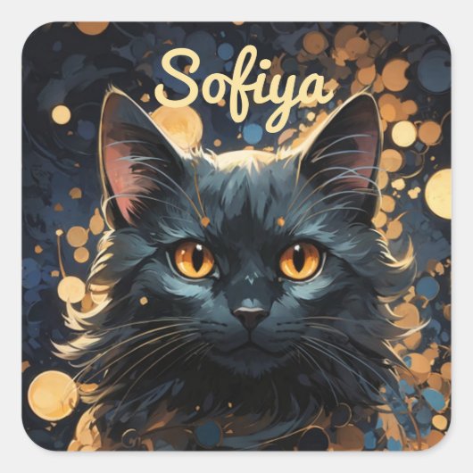 謎の威厳のある黒猫グリッター名 スクエアシール (正面)