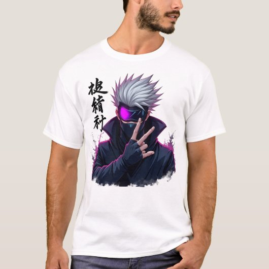 謎の白髪のアニメ戦士の仮面 Tシャツ (正面)