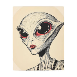謎の訪問者：レトロSci-Fiエイリアンポートレート メタルプリント