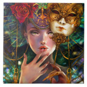 謝肉祭のファンシーで超現実的な仮面舞踏会のマスクの女の子の芸術 タイル (正面)