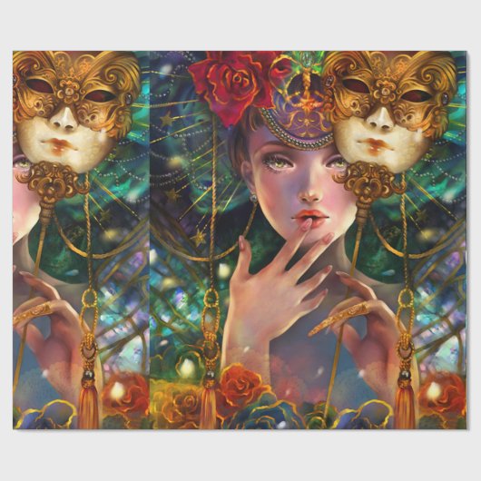 謝肉祭のファンシーで超現実的な仮面舞踏会のマスクの女の子の芸術 ラッピングペーパー (フラット)