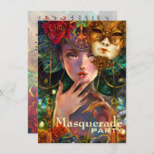 謝肉祭のファンシーで超現実的な仮面舞踏会のマスクの女の子の芸術 招待状 (正面/裏面)