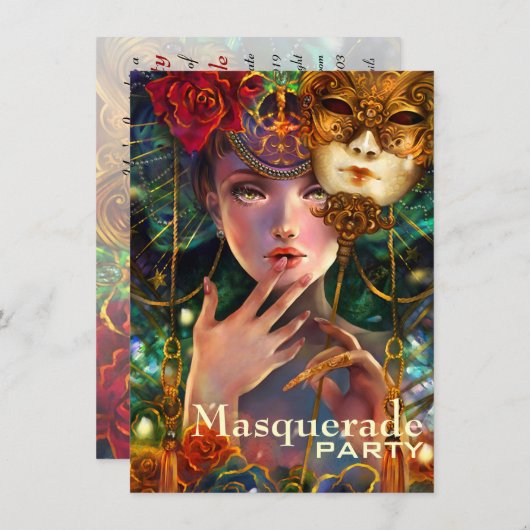 謝肉祭のファンシーで超現実的な仮面舞踏会のマスクの女の子の芸術 招待状 (正面/裏面)