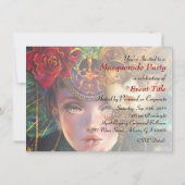 謝肉祭のファンシーで超現実的な仮面舞踏会のマスクの女の子の芸術 招待状 (裏面)