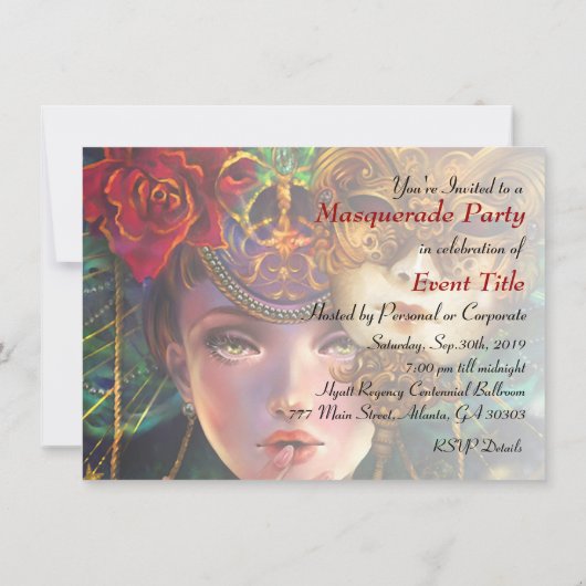 謝肉祭のファンシーで超現実的な仮面舞踏会のマスクの女の子の芸術 招待状 (裏面)