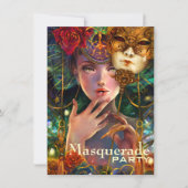 謝肉祭のファンシーで超現実的な仮面舞踏会のマスクの女の子の芸術 招待状 (正面)
