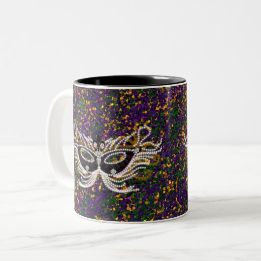 謝肉祭のマスクの紫色の緑金ゴールドのグリッター ツートーンマグカップ (正面左)