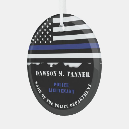 警パーソナライズされた察官の細いブルーライン国旗 ガラスオーナメント (正面左)