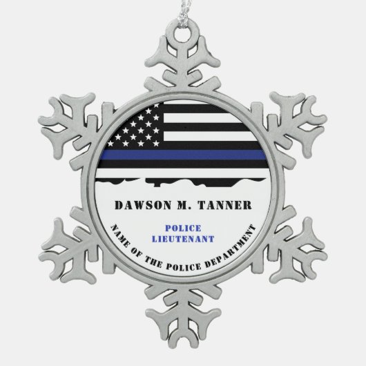 警パーソナライズされた察官の細いブルーライン国旗 スノーフレークピューターオーナメント (正面)