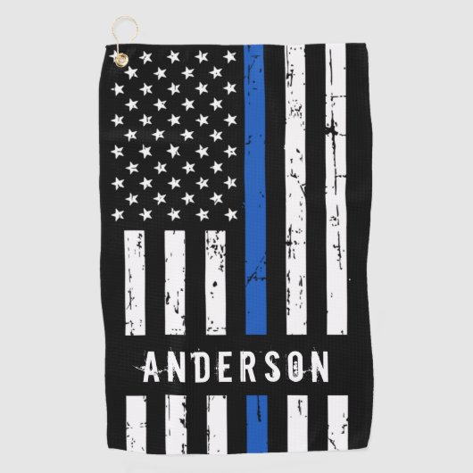 警パーソナライズされた察旗細青 ゴルフタオル (正面)