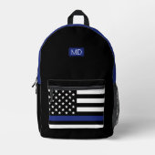 警モダンモノグラムの官の細い青い線 プリントバックパック (正面)